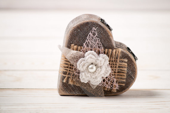 Свадьба - Rustic Wedding Ring Pillow Bearer Box Heart Shape Wooden Engagement Ring Box Burlap and Lace Love Valentines Day Gift for Her