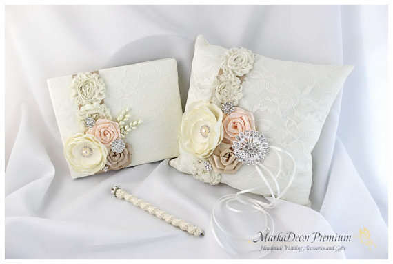 Wedding - Set of 3 Wedding Bridal Handmade Lace Ring Pillow and Guest Book Pen Set Custom Bridal Bearer Brooch Flower Pillow in Ivory, Champagne Nude