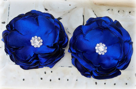 Hochzeit - Royal Blue Satin Rhinestone Floral Set - Bridal Hairpins - Wedding Shoe Clips - Bridesmaids Flower girl - Gifts - Many colors