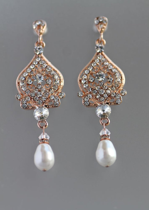 Wedding - Rose Gold Bridal Earrings, Crystal & Pearl Wedding Earrings, Vintage Wedding Jewelry, Deco Bridal Jewelry,  LUCY RG
