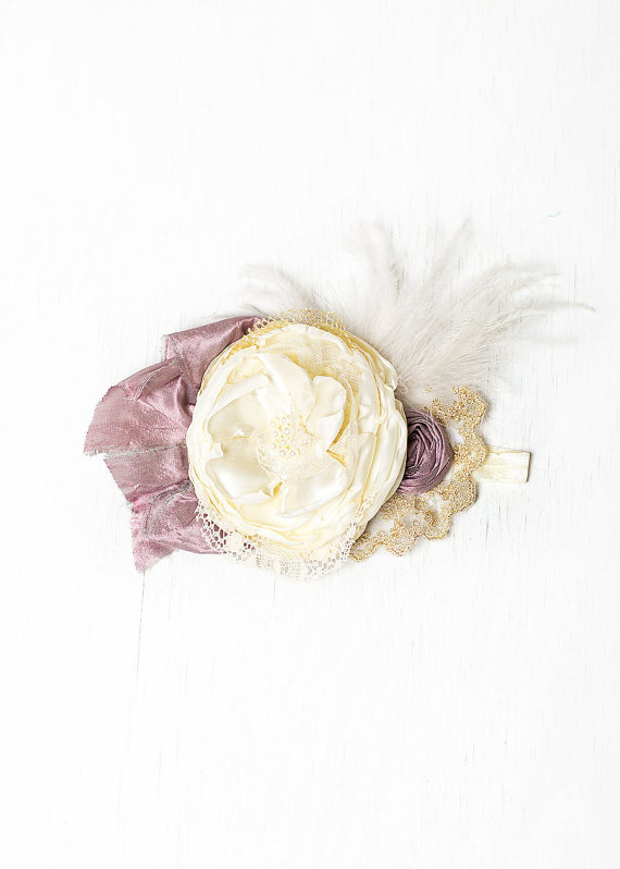 Wedding - Miss Mauvet Headband Large Hairpiece hat on Stretch Lace Shabby Chic