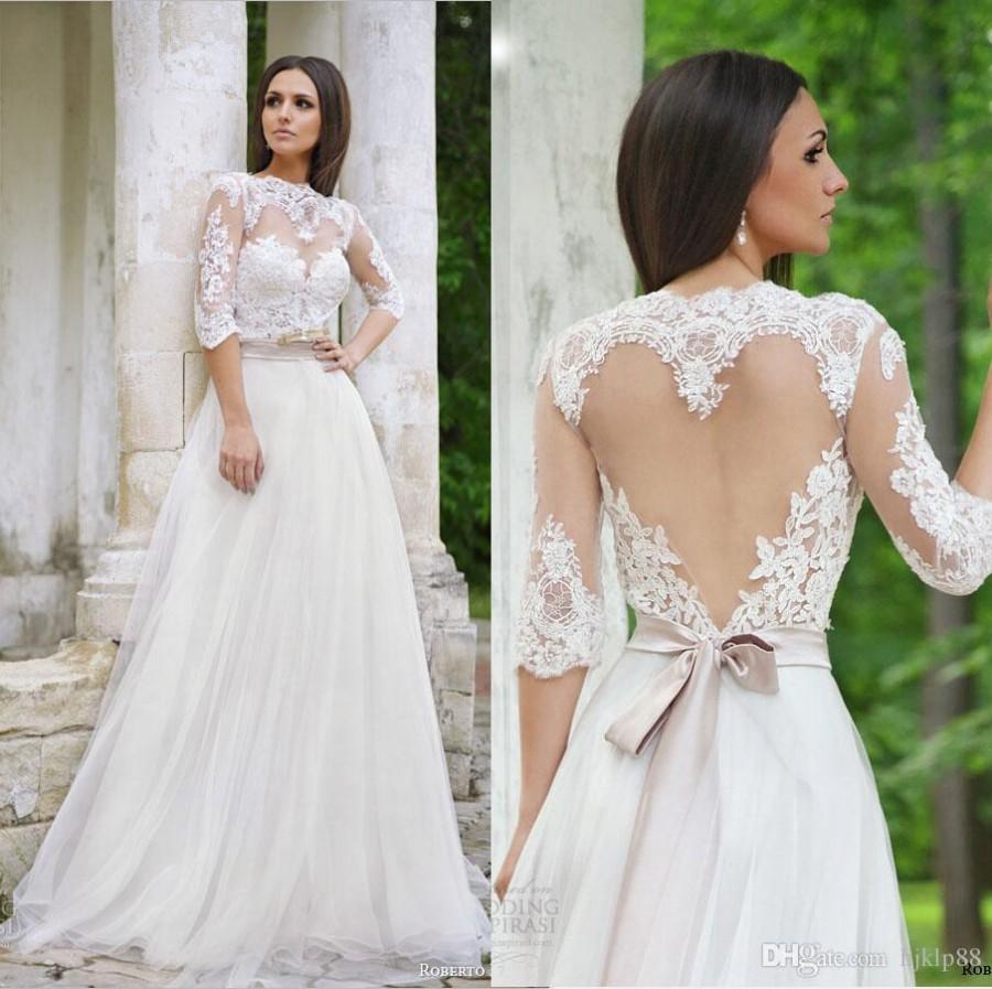 Свадьба - New Arrival Roberto Motti Illusion Jewel Neck Long Sleeve Backless Wedding Dress Garden Gowns 2015 Sweep Train Lace Applique Wedding Dresses Online with $120.16/Piece on Hjklp88's Store 