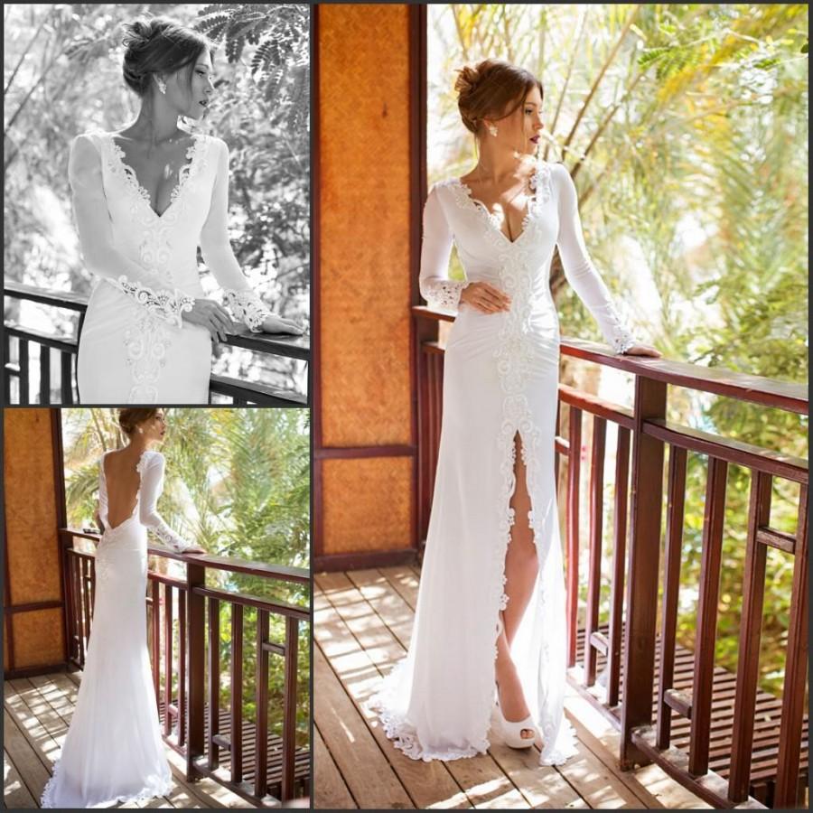 Mariage - 2015 Long Sleeve Mermaid Wedding Dresses High Split Embroidery Chiffon Spring Julie Vino V-Neck Garden Poet Backless Bridal Dress Gown Online with $112.88/Piece on Hjklp88's Store 