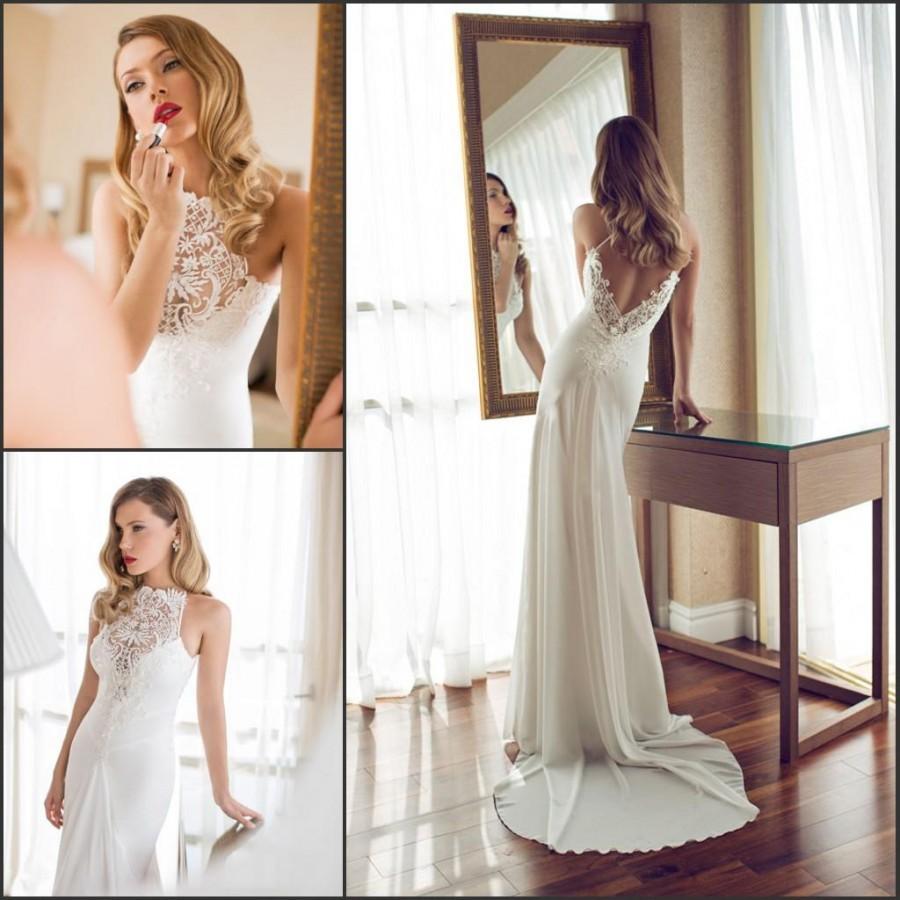 Mariage - Exquisite Julie Vino 2015 Wedding Dresses Backless Garden Sweep Train Lace Sheer Open Back Chiffon Bridal Dresses Wedding Ball Gowns A-Line Online with $111.27/Piece on Hjklp88's Store 