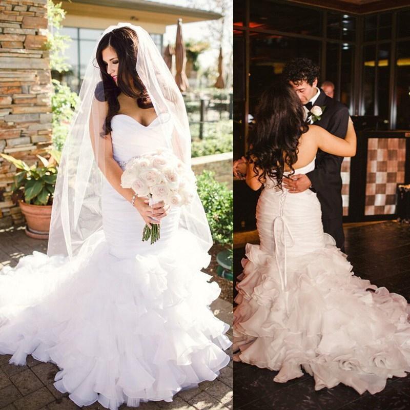 Mariage - Real Image 2015 Wedding Dresses Mermaid Sweetheart Lace Up Back Organza Ruffle Tiers Pleated Vintage Bridal Gowns Dress Chapel Train Custom Online with $116.92/Piece on Hjklp88's Store 