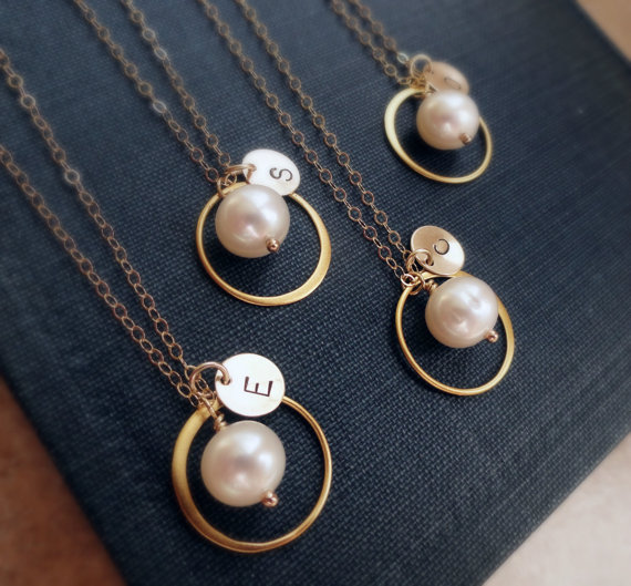 Hochzeit - Bridal jewelry gift set of SIX: gold necklaces for bridesmaids, personalized bridesmaid gifts, Pearl necklaces, Initial necklaces, weddings