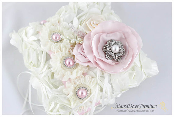 Hochzeit - Wedding Handmade Jeweled Ring Pillow Custom Bridal Bearer Brooch Flower Pillow in Ivory and Blush Pink
