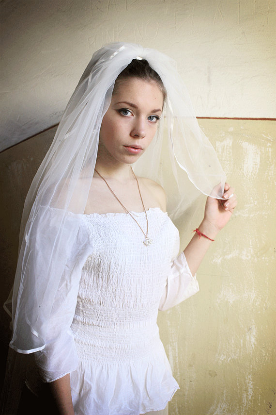 Wedding - Wedding Veil - Cathedral lenghth White Tulle Veil with Satin trim and Silver rhinestones, Deattachable Double veil