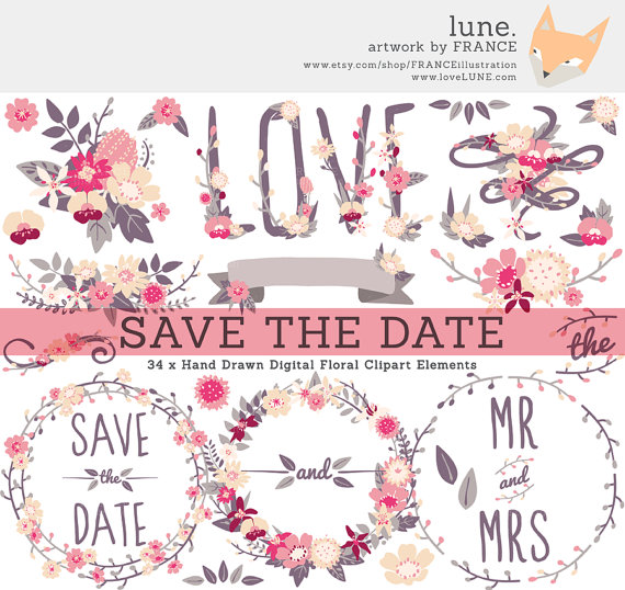 زفاف - Save The Date Wildflower Wedding Clipart. Flower Clip Art Wreaths, Banners + Bouquets. Hand Drawn Floral Digital Designs. Valentine's Day.