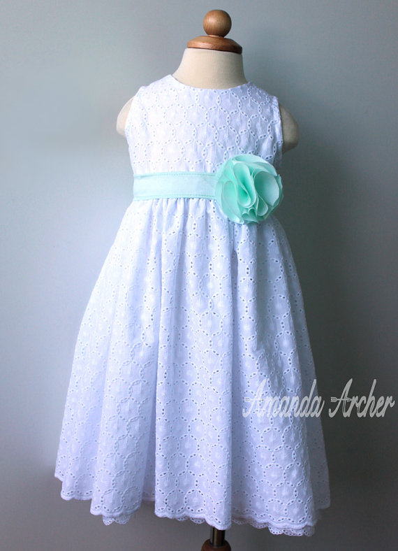 Wedding - Flower Girl Dress, Mint and White Eyelet, Made to Order