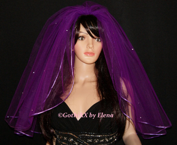 Hochzeit - Gothic Elbow wedding veil Purple Red Black Pink Beige Ivory costume 2 tiers 72" width 26" 28" length Swarovski rhinestones satin ribbon edge
