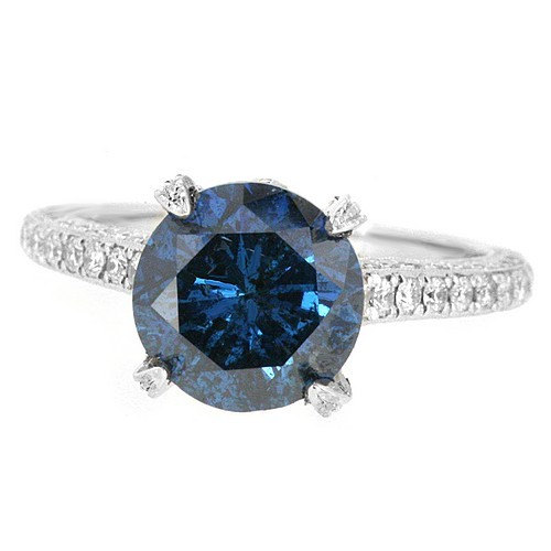Wedding - 3.91ct Round Brilliant Fancy Blue Diamond Engagement Ring 18k White Gold