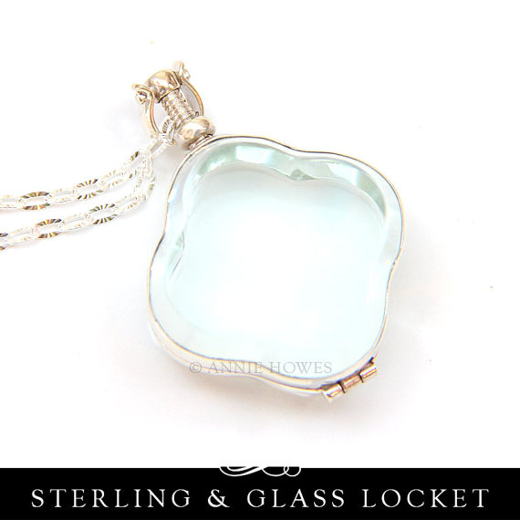 زفاف - Sterling Silver Glass Locket Pendant Trefoil or Clover Shape. Wedding Bouquet Charm. 30mm. AHSSCLGLP