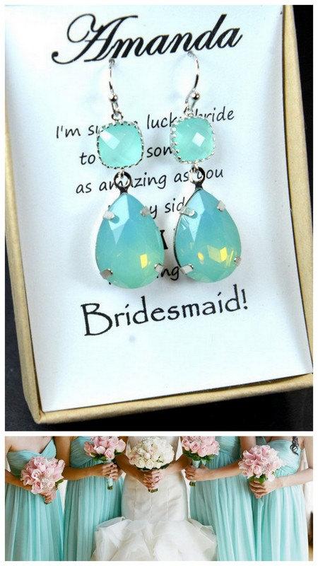 زفاف - Mint Opal silver Drop Earrings Sea Foam Earrings Bridesmaid Jewelry Wedding,Bridal Wedding Dangle Earrings Bridal Jewelry  Bridesmaid Gift