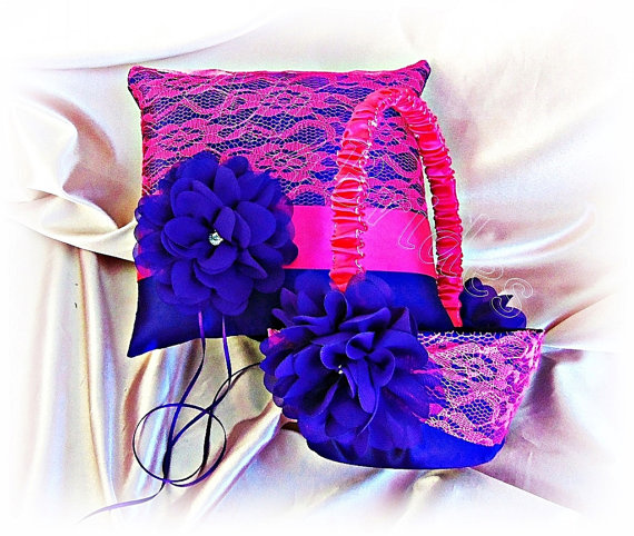 Hochzeit - Purple and hot pink wedding ring pillow and flower girl basket -  lace ring bearer pillow and basket