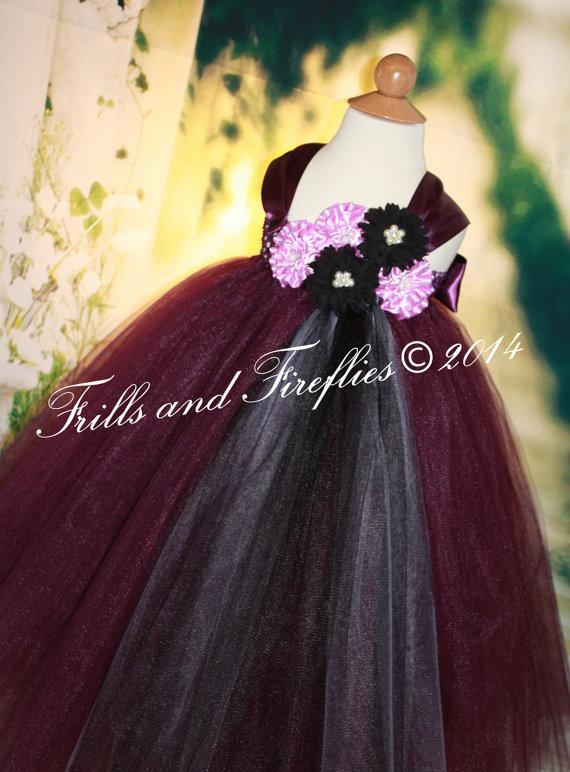 Hochzeit - Eggplant Flower girl dress - Eggplant Flowergirl Dress with Lilac and Black Flowers with pearls centers, 2t, 3t, 4t, 5t, 6