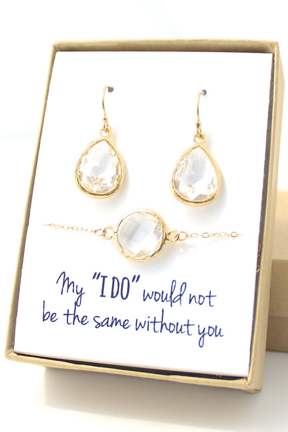 زفاف - Clear Crystal / Gold Teardrop Earring and Round Bracelet Set - Bridesmaid Earring and Bracelet Set - Bridesmaid Jewelry Set - EBB1