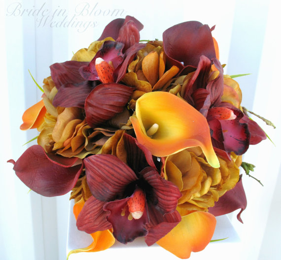 Wedding - Wedding bouquet autumn fall bridal bouquet real touch orchids calla lilies red orange brown