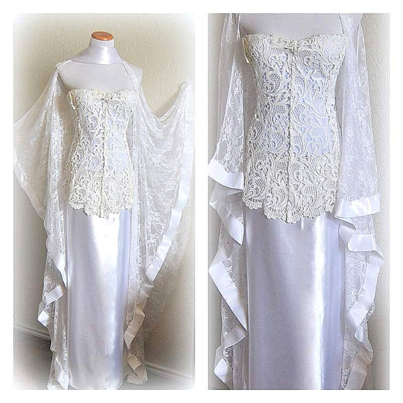 Hochzeit - Lace Wedding Gown Cold Shoulder Wedding Dress Oversize Kimono Sleeves Gothic Medieval Boho Bride Guipure 70s Asymmetric Loose Dress