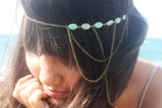 Wedding - Chain Headpiece Headband  Bohemian Hipster Boho Hippie Bronze Turquoise Three Draped Bridal Statement Jewelry FPCOHPSalome