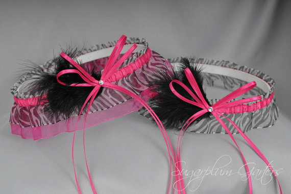 Mariage - Wedding Garter Set in Hot Pink and Zebra Print with Swarovski Crystals and Marabou Feathers