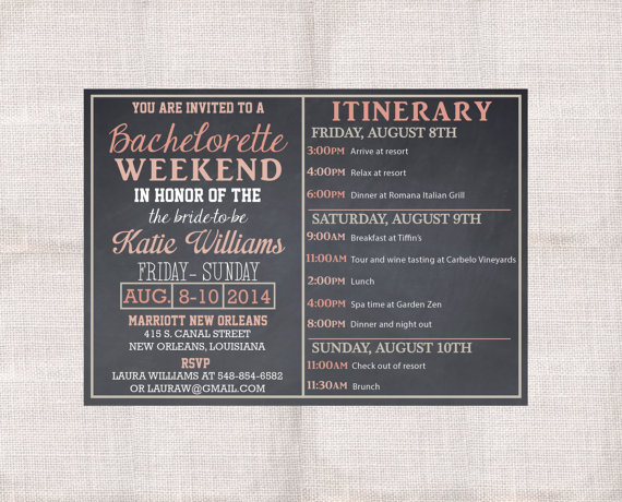 Wedding - Bachelorette Party Weekend invitation and itinerary custom printable 5x7