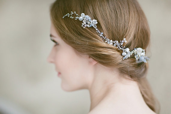 زفاف - Wedding Pearl Hair Comb ,Bridal Hair Comb ,Pearl Hair Vine ,Wedding Bridal Hair Accessories, Opal Accented Floral Bun Wrap