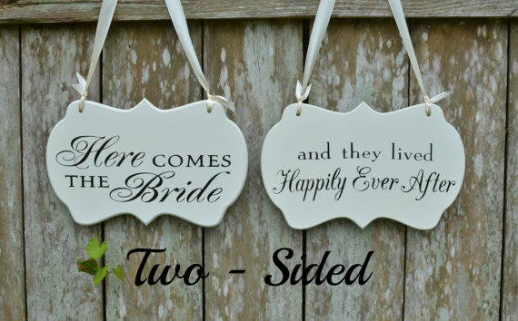 Hochzeit - Two Sided Shabby / Cottage Chic Here Comes the Bride / and they lived Happily Ever After Wedding Sign, Wooden Flower Girl / Ring Bearer Sign