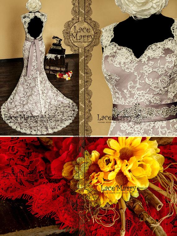 Mariage - Baroque Dusty Purple Underlay Vintage Style Lace Wedding Dress with Sweetheart Neckline and Deep Keyhole Featuring Hand Beaded Satin Sash