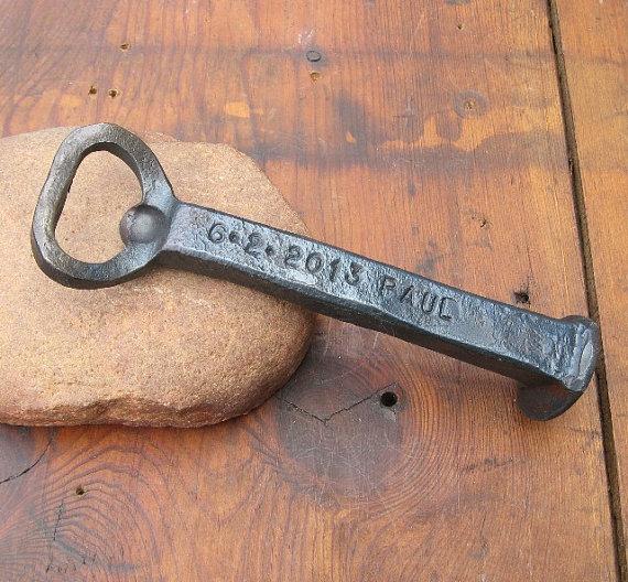 Hochzeit - Groomsmen Gift, Hand forged railroad spike bottle opener with the wedding date and name .