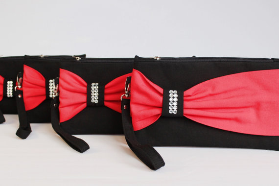 Wedding - Promotional sale   -  SET OF 9  -Black red bow wristelt clutch,bridesmaid gift ,wedding gift ,make up bag,zipper