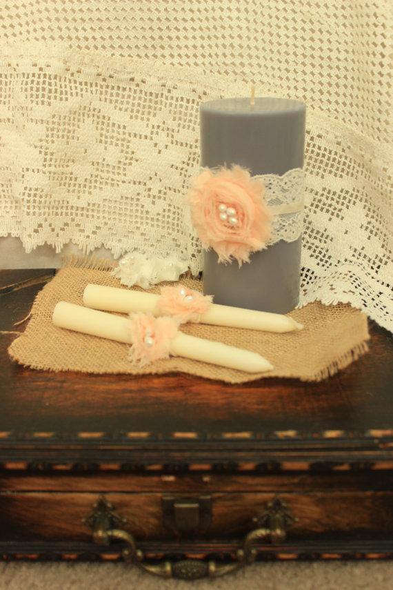 Hochzeit - Unity Candle Set for weddings Grey, white OR ivory with Coral - White Unity Candle W/ Rhinestone unity candles with lace, ceremony candles