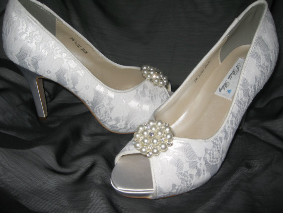 Hochzeit - Wedding Shoes Ivory or White Bridal Shoes with Lace and Crystals and Pearls