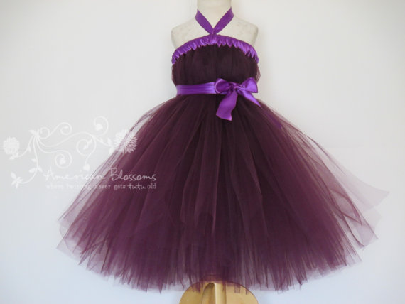 Свадьба - Plum Purple Flower Girl Dress Girls Plum Deep Purple Wedding Tea Length Flower Girl Tutu Dress Tulle Dress Satin Sash by American Blossoms