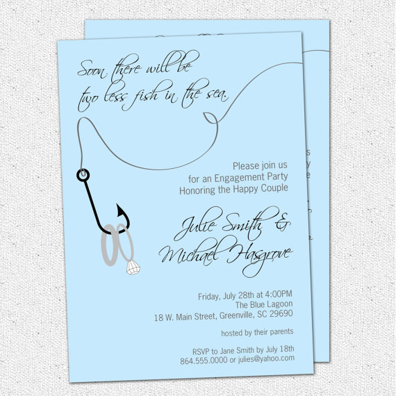 Wedding - Engagement Party Invitation, Couples Bridal Shower, Two Less Fish in the Sea, Rings, Nautical, Fishing, Lake, Digital File