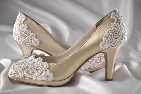زفاف - Wedding Shoes - Custom 120 Color Choices- PBT-0826A Vintage Wedding Lace Peep Toe 2 3/4" Heels, Women's Bridal Shoes