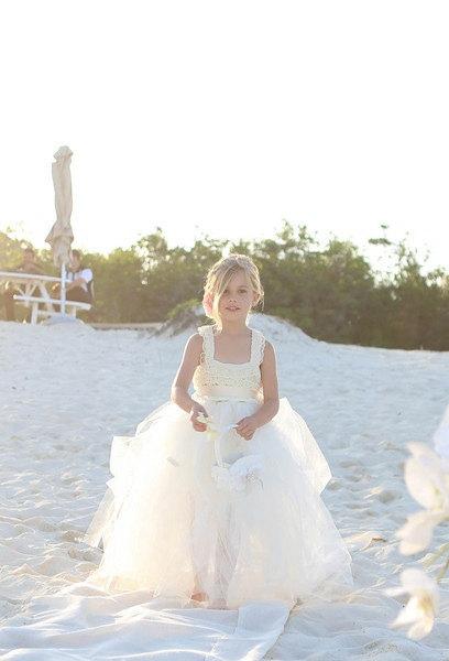 Свадьба - Lace and Tulle Flower Girl Dress Tutu Satin Sash Vintage Ivory - Queen Anne's Lace