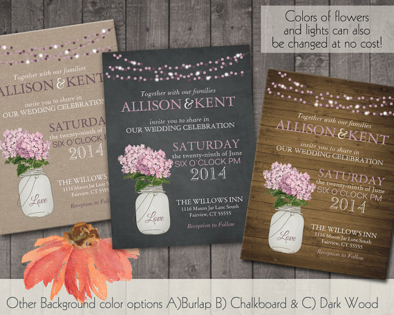 Hochzeit - Mason Jar Wedding Invitations with a Mason Jar Filled with Pink Hydrangeas - Country Wedding Invitations 
