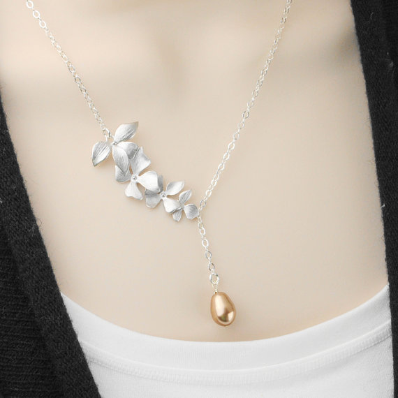 زفاف - Pearl Bridesmaid Necklace - Silver Flower Necklace - Bronze Swarovski Pearl Drop Necklace - Bridesmaid Jewelry - Wedding Jewelry