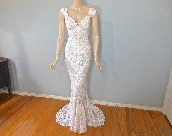 Mariage - Vintage Inspired Boho Wedding Gown VICTORIAN Lace Wedding Dress BEACH Wedding Dress Sz Small