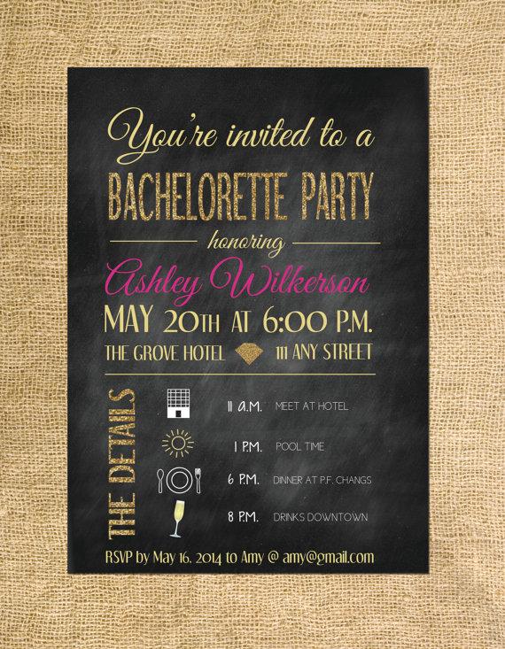 Hochzeit - Bachelorette Party Invitation- Glitter and Gold Party Theme-Printable File- Chalkboard Invite