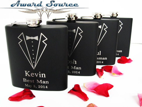 Hochzeit - Groomsmen Gift, 13 Personalized Engraved Tuxedo Flasks, Wedding Party Gifts, Gifts for Groomsmen, Wedding Flask