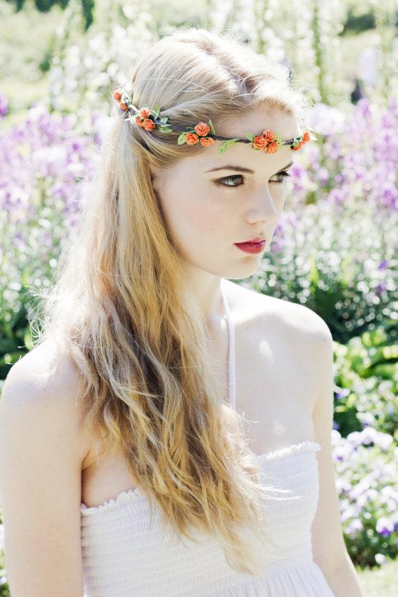 Wedding - Orange Flower Crown, Rose Headband, Autumn Wedding Headband, Orange Flower Hair Wreath, Flower Girl Crown, Bridal Floral Hair Accessory