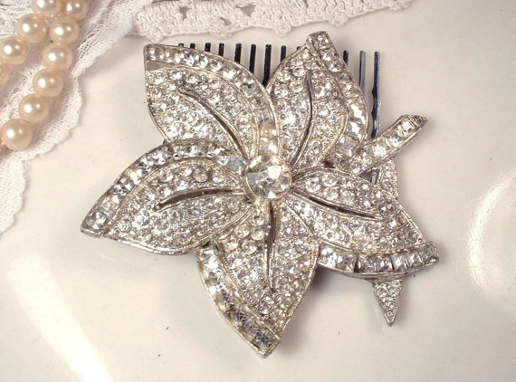 Wedding - Sash Brooch OR Hair Comb 1920s 1930s Art Deco Large Clear Pave Rhinestone Silver Flower Bridal Pin or Headpiece Vintage Wedding Accessory