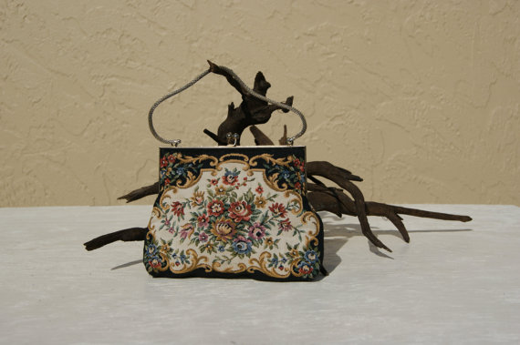 Wedding - Vintage Blk&FLORAL TAPESTRY Handbag by Fine Arts of Hong Kong. Evening Clutch, Elegant Small Purse, Weddings, Cocktail Party, 50's-60's.