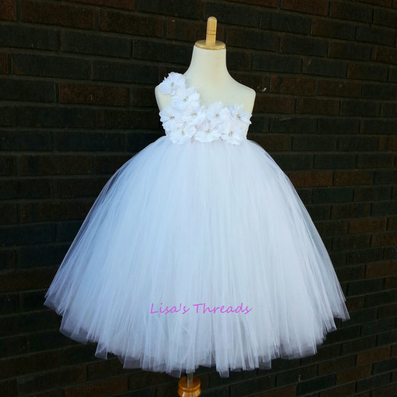 Mariage - Flower girl dress/ Junior bridesmaids dress/ White Flower Girl/ Flower girl pixie tutu dress/ Rhinestone tulle dress
