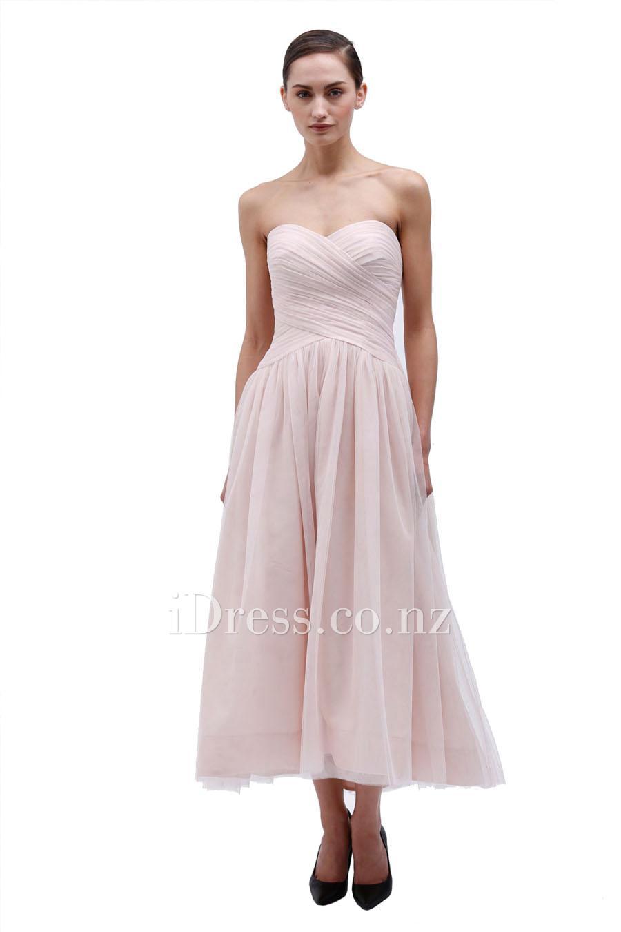 Hochzeit - Strapless Blush Tea Length A-line Sweetheart Bridesmaid Dress