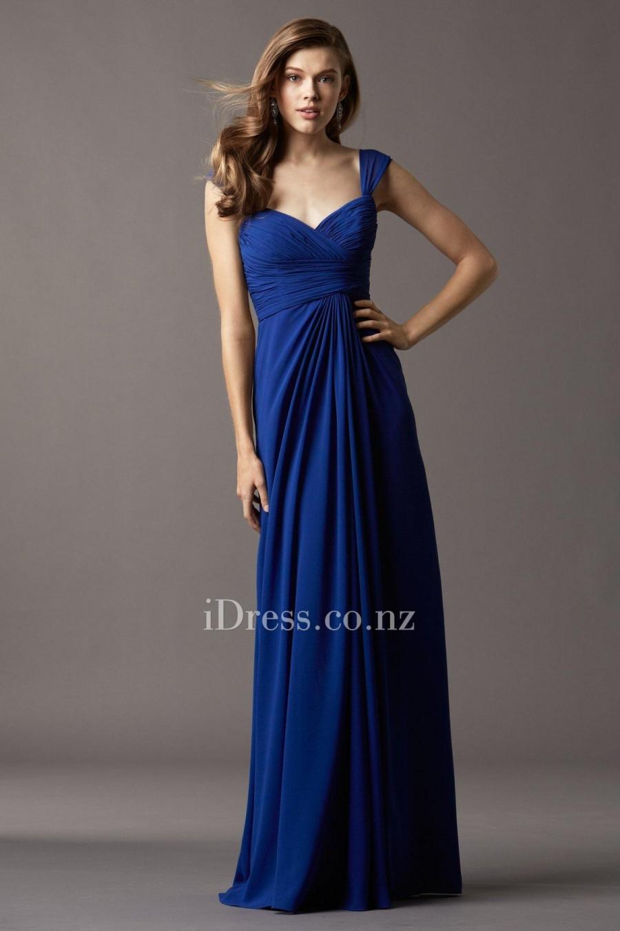 Hochzeit - Chiffon Shirred Wide Strap Floor Length Royal Blue Bridesmiad Dress