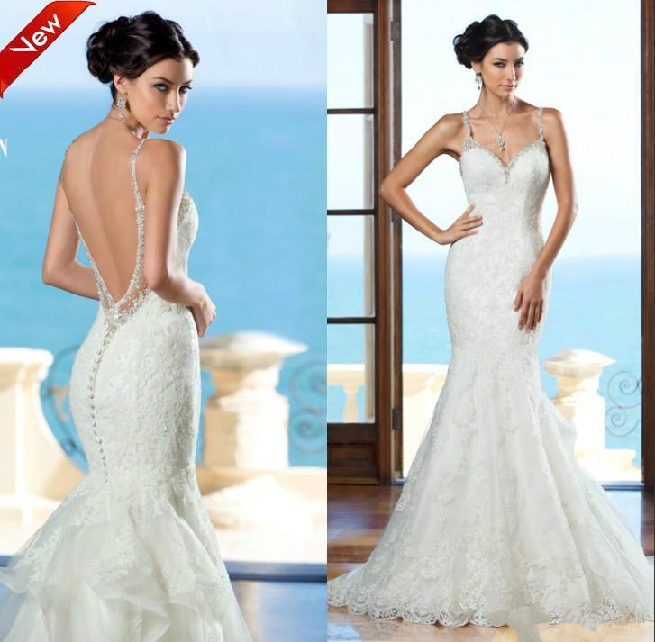 Mariage - Elegant 2015 Kitty Chen Sleeveless Straps Mermaid Wedding Dresses With Cascading Ruffles Organza Crystal Beads Backless Bridal Gown Custom Online with $133.51/Piece on Hjklp88's Store 