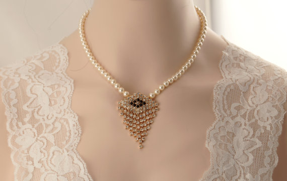 زفاف - Bridal necklace -Rose gold vintage inspired crystal rhinestone bridal necklace -Swarovski crystal and pearl necklace